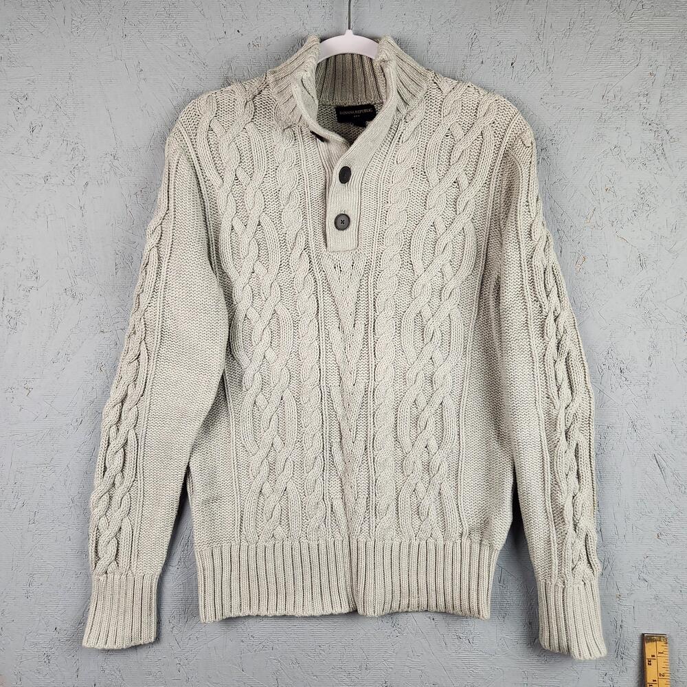 Banana Republic Sweater Mens Medium Gray Cable Knit Shawl Collar Cotton Pullover